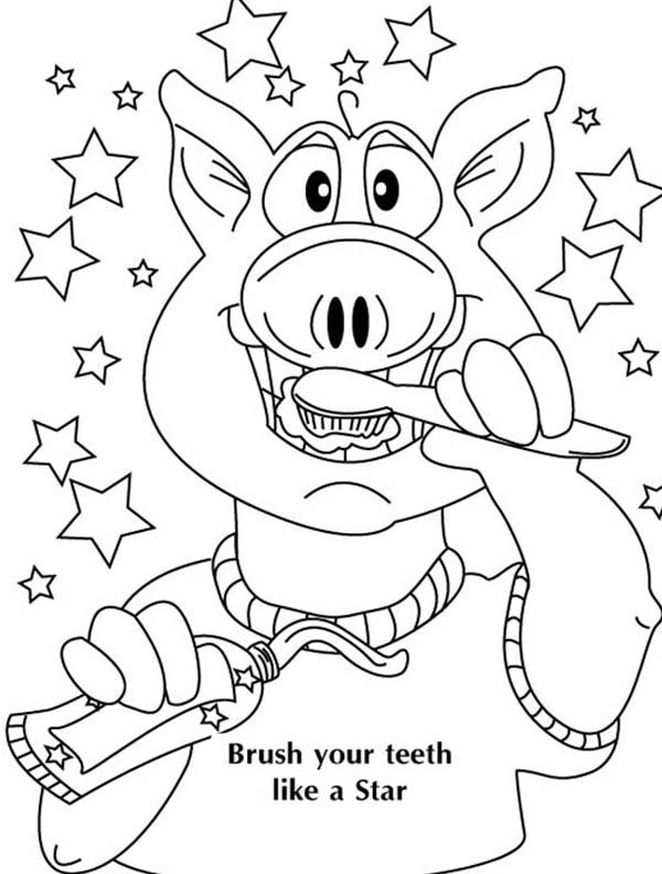 A Pig Brushing His Teeth In Dental Health Coloring Page : Color Luna